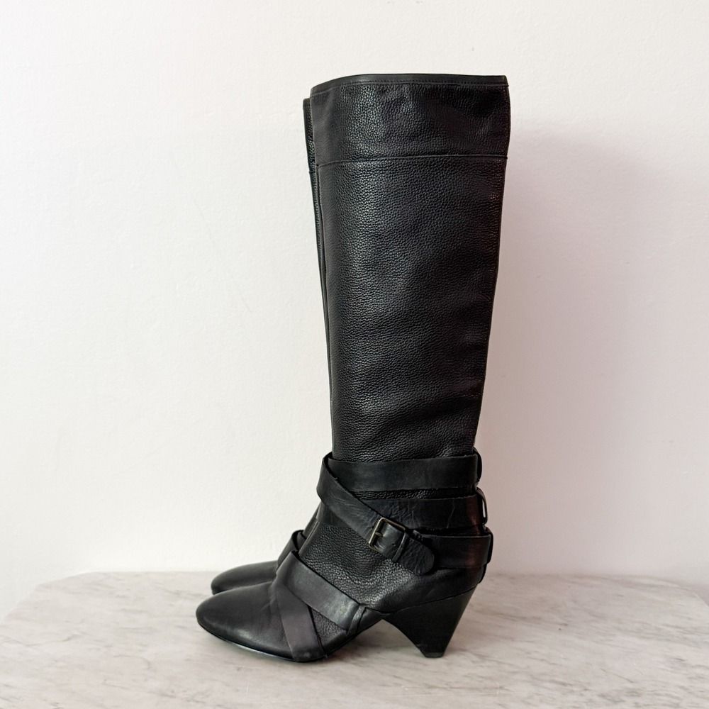 Cynthia Rowley Lainey Tall Buckle Boots 37 Black Pebbled Leather Cone Heel - Picture 1 of 9
